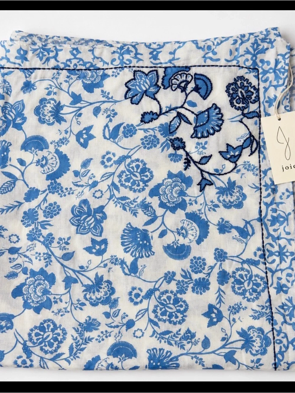 JOIE long 100% cotton Blue & White Floral Embroidered Scarf 40” X 72” , NWT